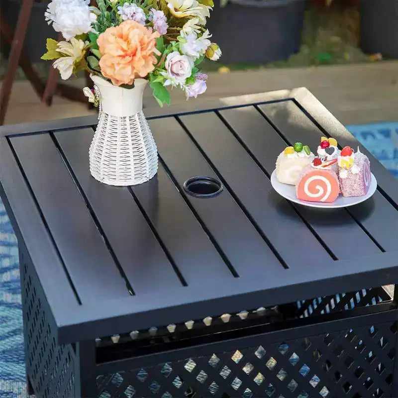 3pc Dining Set with 22" Square Table with Umbrella Hole & 2 Rattan Chairs - Black - Captiva Designs