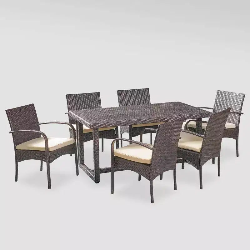 Harlowe 7pc Wicker Dining Set - Brown/Cream - Christopher Knight Home: Weather-Resistant Patio Furniture with Cushions