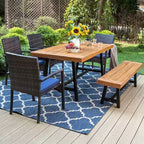 6pc Patio Dining Set: Acacia Wood Table, Bench, 4 Rattan Armchairs - Captiva Designs