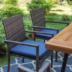 6pc Patio Dining Set: Acacia Wood Table, Bench, 4 Rattan Armchairs - Captiva Designs