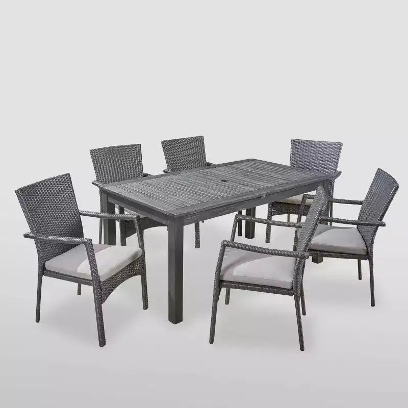 7pc Davenport Wood & Wicker Expandable Patio Dining Set Gray: Acacia Table, Umbrella Hole - Christopher Knight Home