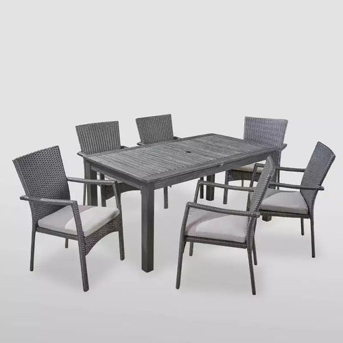7pc Davenport Wood & Wicker Expandable Patio Dining Set Gray: Acacia Table, Umbrella Hole - Christopher Knight Home