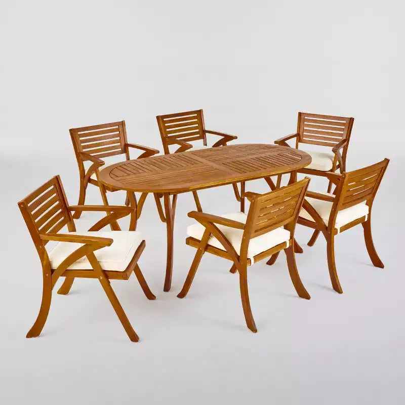 Hermosa 7pc Acacia Wood Oval Dining Set - Teak/Cream - Christopher Knight Home