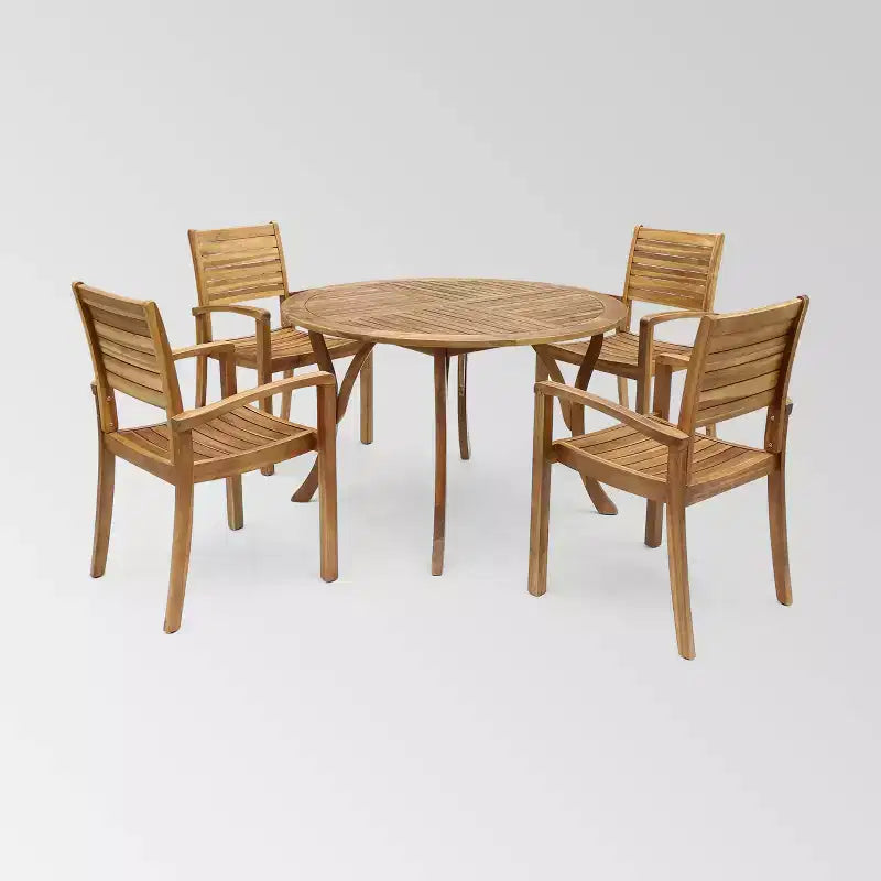 Wells 5 pc Acacia Wood Round Dining Set Teak Finish - Christopher Knight Home: Weather-Resistant Patio Furniture