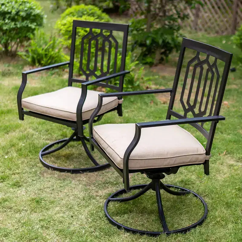 3pc Wrought Iron Patio Dining Set with Square Table with Umbrella Hole & Swivel Chairs - Captiva Designs