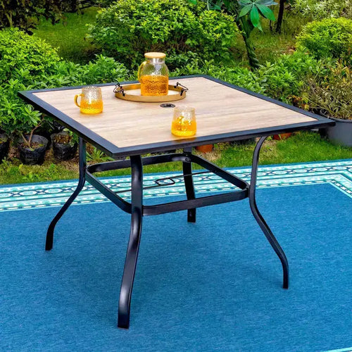 5pc Outdoor Dining Set with Swivel Chairs with Thick Seat & Back Cushions & Square Faux Wood Tabletop with Umbrella Hole - Captiva Designs
