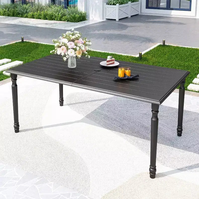 7pc Outdoor Dining Set with Steel Rectangle Table with Umbrella Hole & Padded Swivel Chairs - Captiva Designs: Rust-Resistant