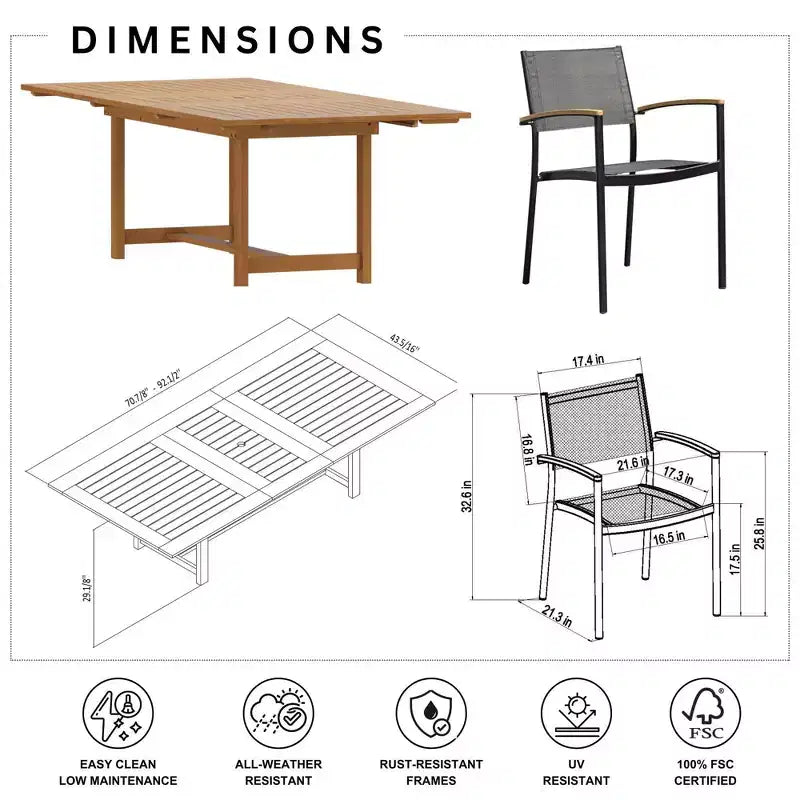 Amazonia Lapa 7pc Aluminum and Teak Finish Wood 100% Rectangular Extendable Patio Dining Set Black