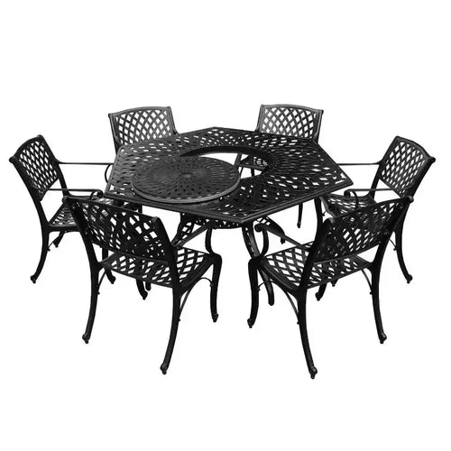 7pc Patio Dining Set with 63" Modern Ornate Outdoor Mesh Aluminum Large Hexagon Table & Modern Chairs - Black - Oakland Living: UV-Resistant