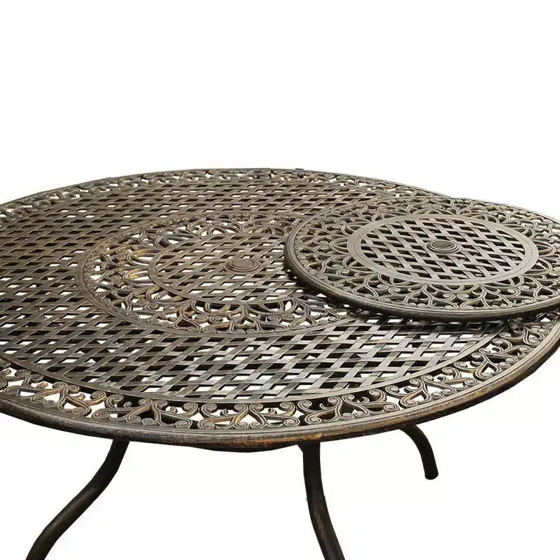 Ensemble de salle à manger de patio 7 pièces avec table ronde de 59 pouces en maille d'aluminium ornée de style moderne avec Lazy Susan – Bronze – Oakland Living