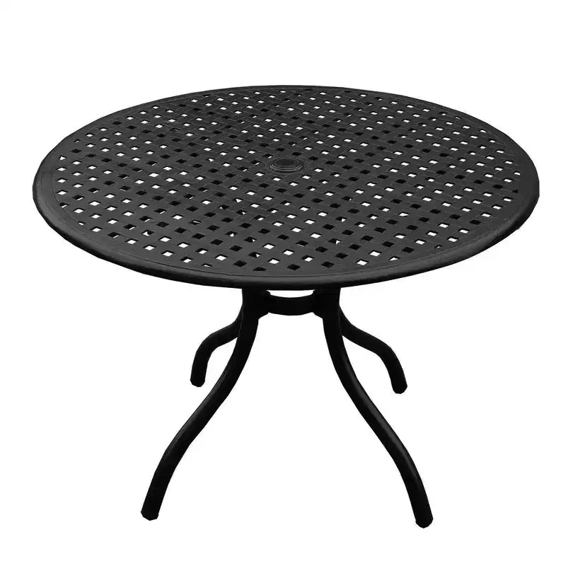 Ensemble repas d'extérieur 5 pièces avec table de salle à manger ronde d'extérieur en aluminium maillé orné et moderne de 107 cm et chaises à damier - Noir - Oakland Living