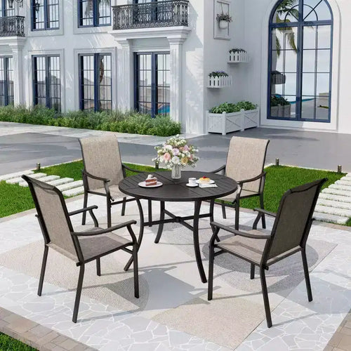 5pc Outdoor Dining Set with Padded Sling Chairs & Round Metal Table - Gray/Black - Captiva Designs: Sturdy, Water-Resistant Patio Set for 4