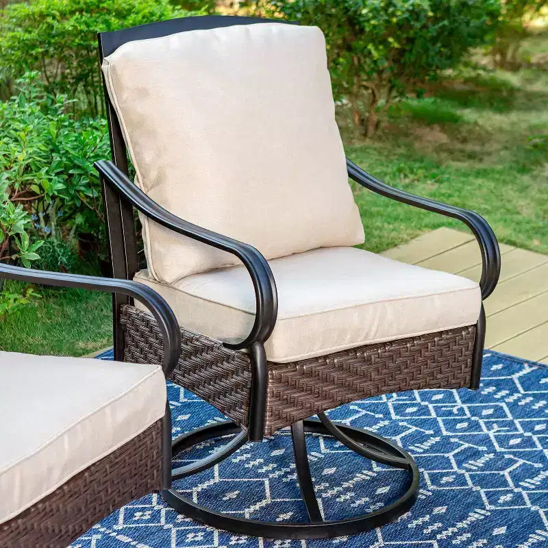 7pc Outdoor Dining Set with Swivel Chairs with Seat & Back Cushions & Faux Wood Table with Metal Frame & Umbrella Hole - Captiva Designs