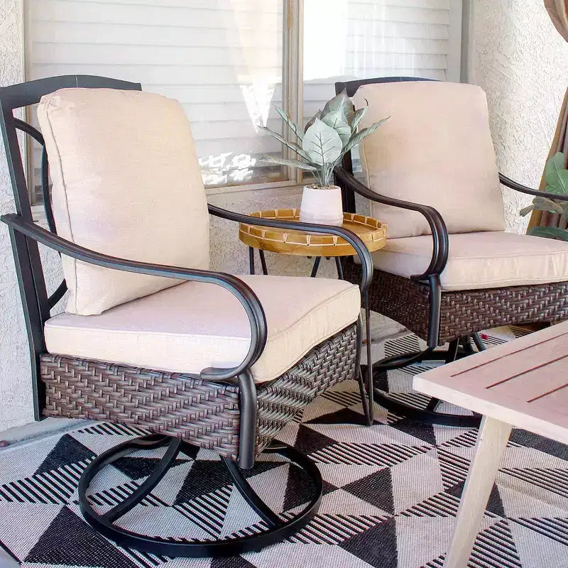 7pc Outdoor Dining Set with Swivel Chairs with Seat & Back Cushions & Faux Wood Table with Metal Frame & Umbrella Hole - Captiva Designs