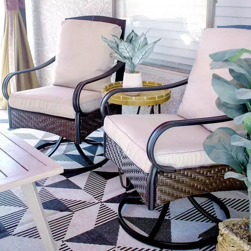 7pc Outdoor Dining Set with Swivel Chairs with Seat & Back Cushions & Faux Wood Table with Metal Frame & Umbrella Hole - Captiva Designs
