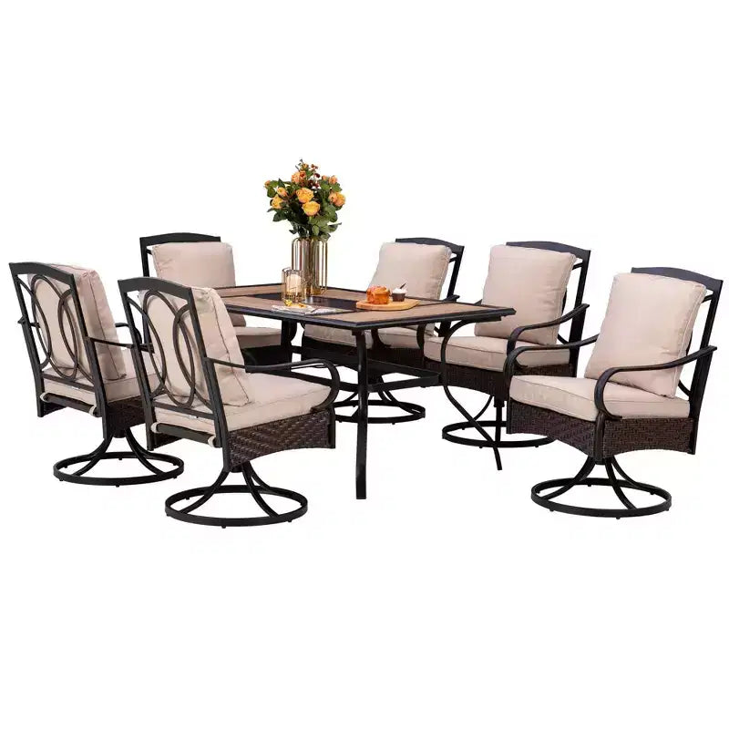 7pc Outdoor Dining Set with Swivel Chairs with Seat & Back Cushions & Faux Wood Table with Metal Frame & Umbrella Hole - Captiva Designs