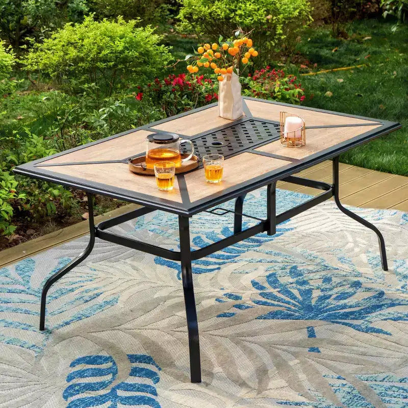 7pc Outdoor Dining Set with Swivel Chairs with Seat & Back Cushions & Faux Wood Table with Metal Frame & Umbrella Hole - Captiva Designs