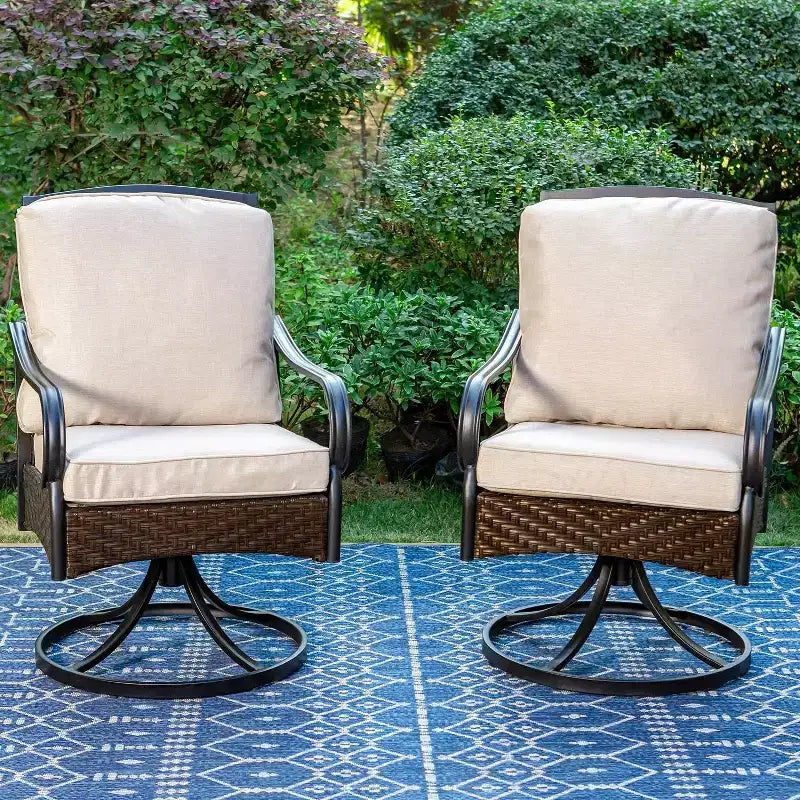 7pc Outdoor Dining Set with Swivel Chairs with Seat & Back Cushions & Faux Wood Table with Metal Frame & Umbrella Hole - Captiva Designs