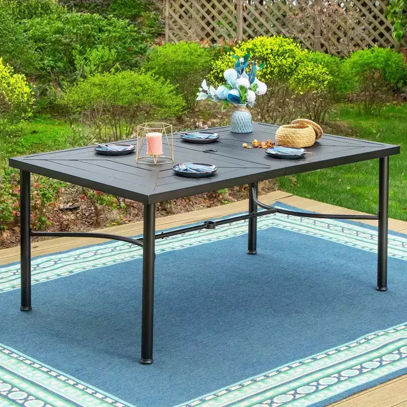 7pc Outdoor Dining Set with Swivel Chairs & Large Metal Rectangle Table with Umbrella Hole - Captiva Designs: E-Coated, Weather-Resistant