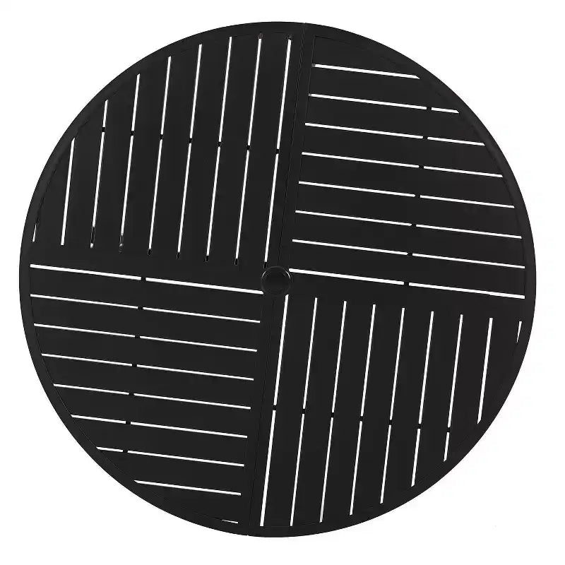 Ensemble repas d'extérieur 5 pièces avec chaises empilables à rayures et table ronde en métal avec trou pour parasol - Noir - Captiva Designs : Cadre en acier