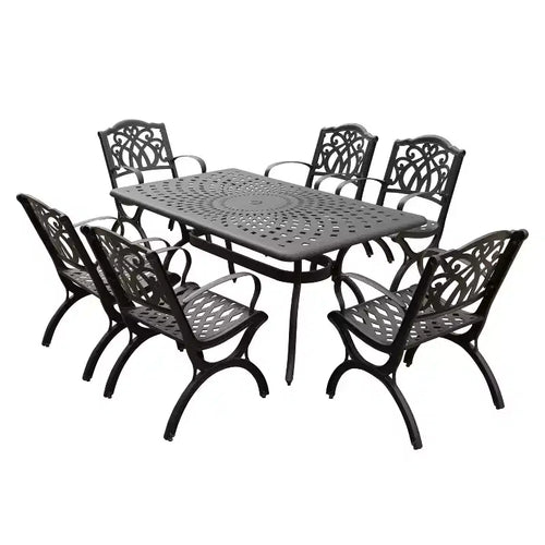 7pc Outdoor Dining Set with 67" Modern Ornate Mesh Aluminum Rectangular Table & Luxury Chairs - Black - Oakland Living