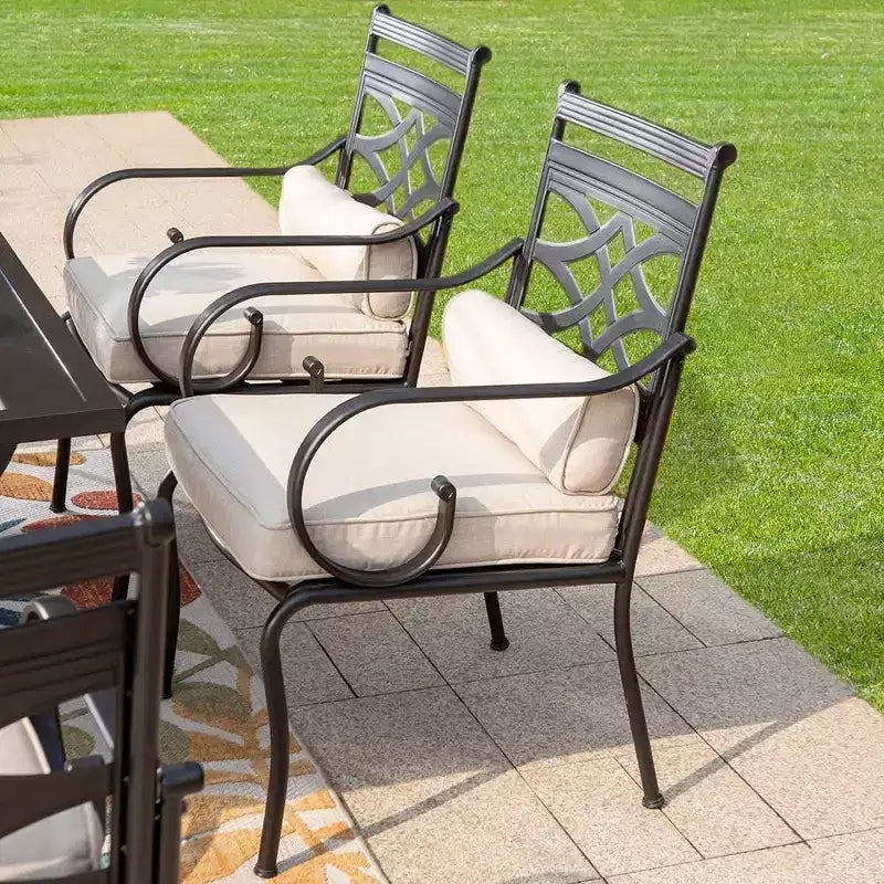 7pc Outdoor Dining Set with Chairs with Seat & Back Cushions & Metal Table with Umbrella Hole