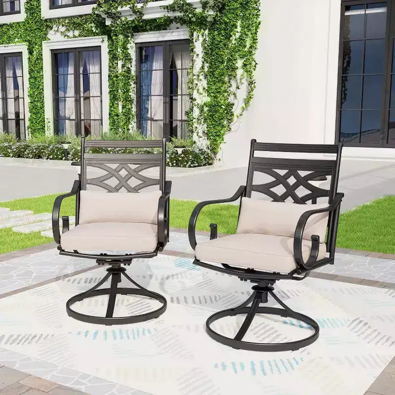 Ensemble de salle à manger extérieur 7 pièces avec 2 chaises pivotantes et table en similibois avec trou pour parasol - Captiva Designs : Meubles de patio résistants aux intempéries
