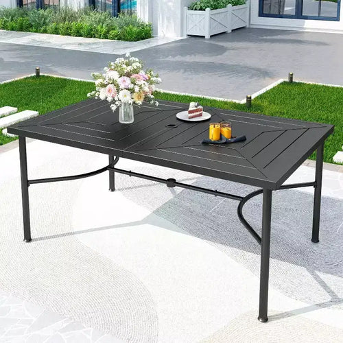Ensemble de salle à manger d'extérieur 7 pièces : Table en acier, chaises en osier, coussins - Captiva Designs