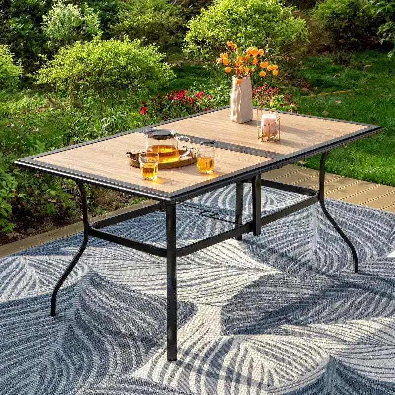 7pc Patio Dining Set with Faux Wood/Steel Table with Umbrella Hole & Sling Arm Chairs - Captiva Designs