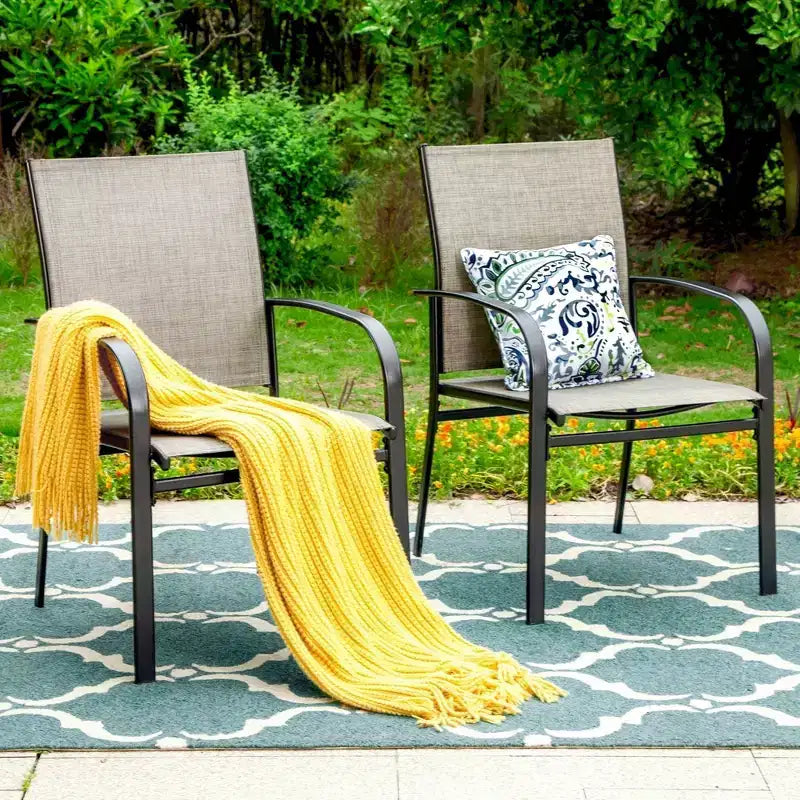 7pc Patio Dining Set with Faux Wood/Steel Table with Umbrella Hole & Sling Arm Chairs - Captiva Designs