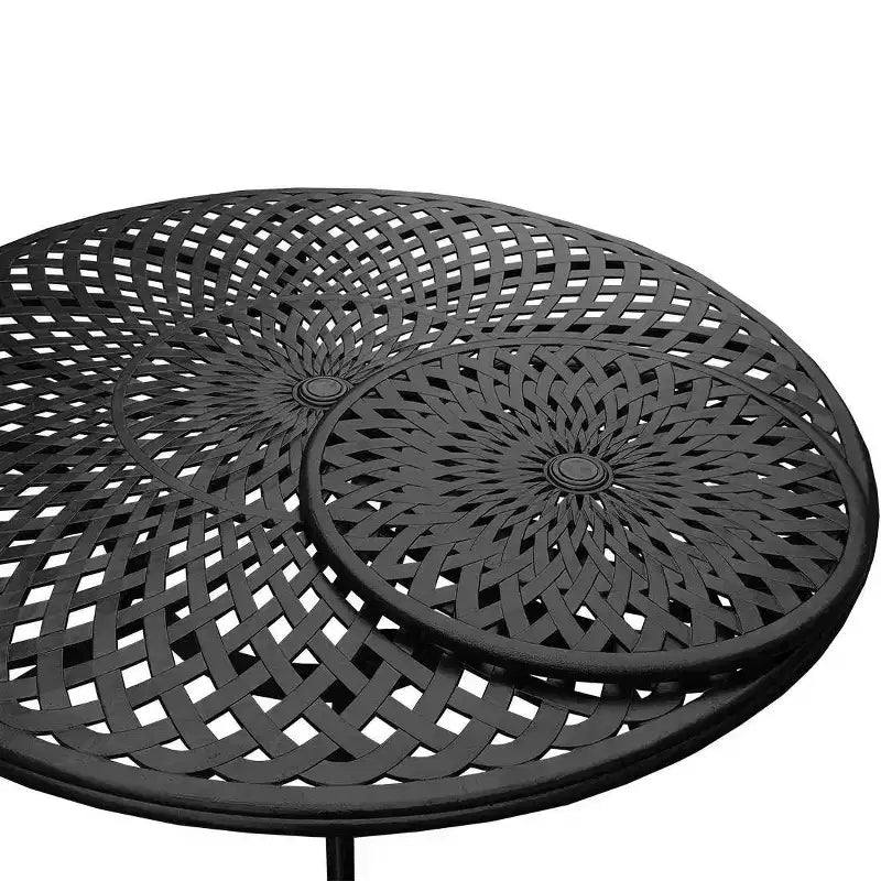Ensemble de salle à manger d'extérieur 7 pièces avec table ronde en aluminium maillé orné et moderne de 150 cm et chaises de luxe noires - Oakland Living