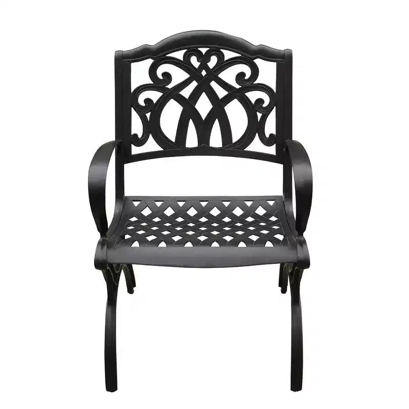 Ensemble de salle à manger d'extérieur 7 pièces avec table ronde en aluminium maillé orné et moderne de 150 cm et chaises de luxe noires - Oakland Living