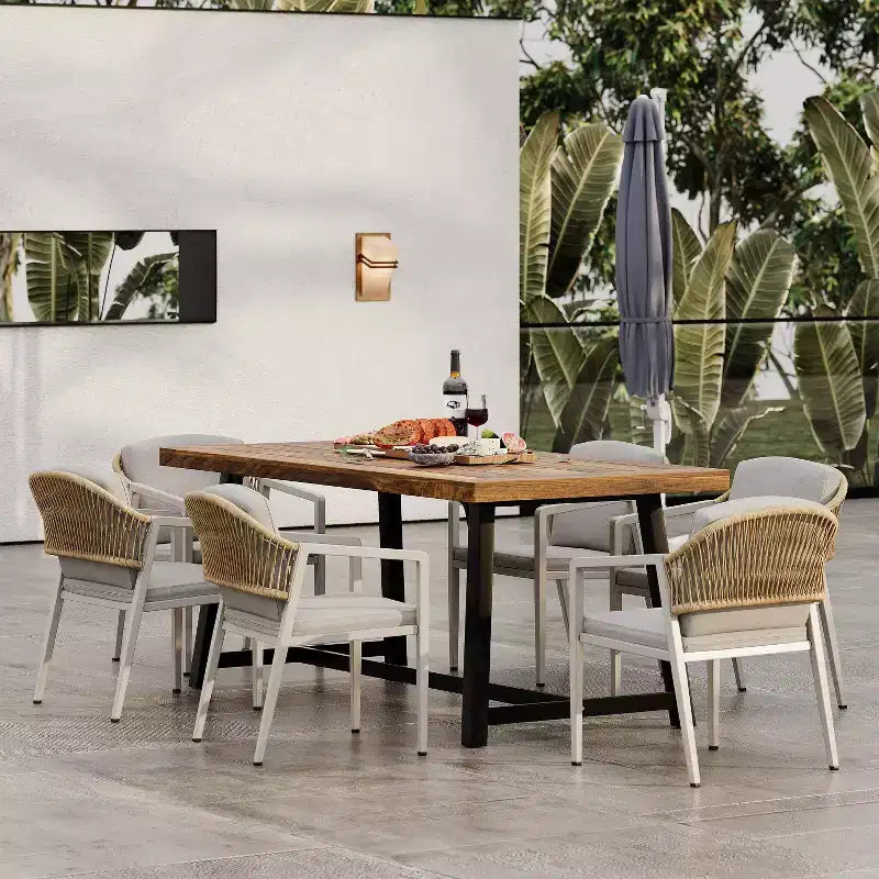 Christopher Knight 7pc Home Jasmine Outdoor 6 Seater Iron Frame with Acaica Wood Dining Set