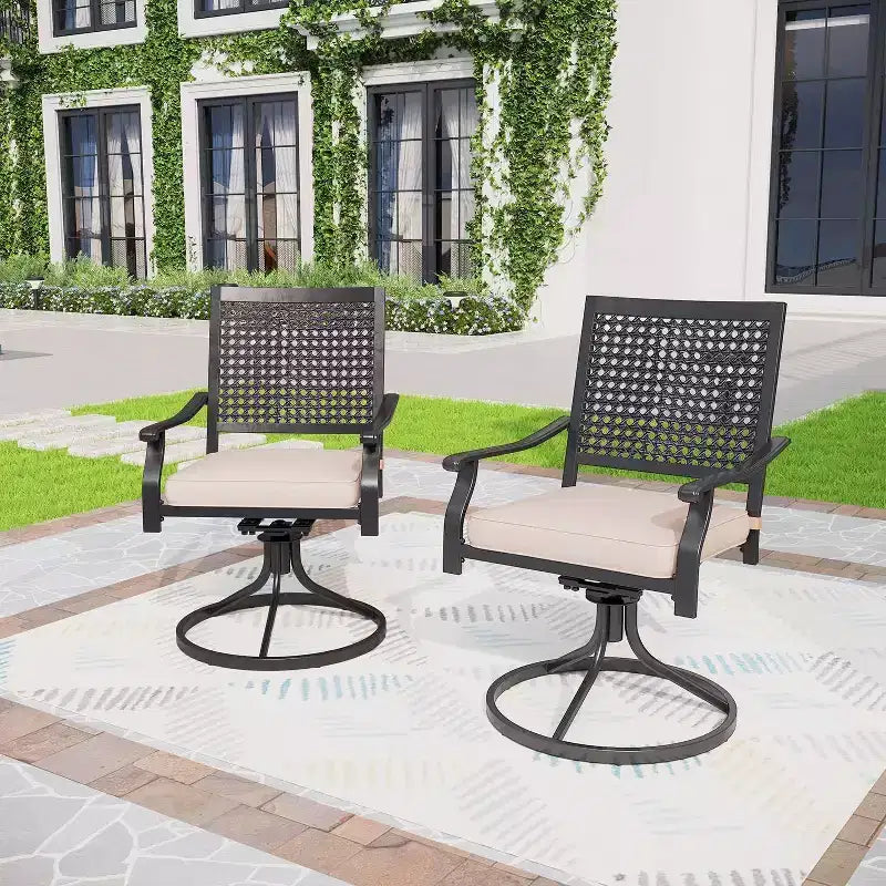 5pc Outdoor Dining Set with Swivel Chairs with Cushions & Round Metal Table with Umbrella Hole - Black - Captiva Designs