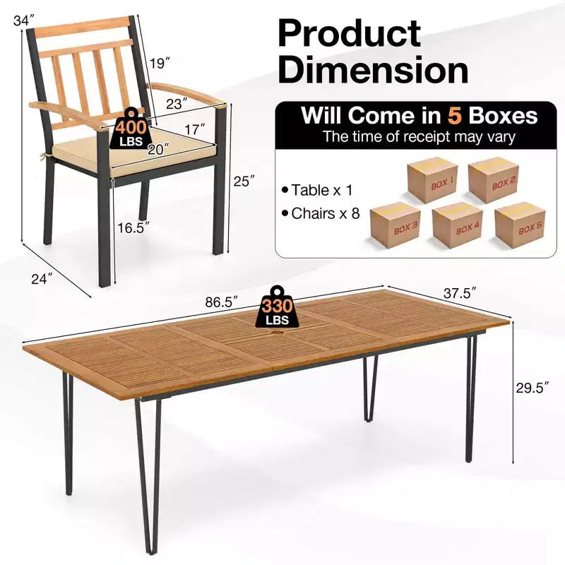 Costway 9 PCS Patio Dining Set with 8 Chairs Acacia Wood Table Top Umbrella Hole for Yard
