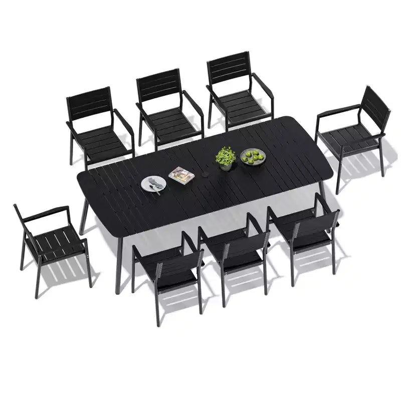 Crestlive Products 7pc Outdoor Dining set for 6 People Patio Rectangle Table Aluminum Frame with Wood-Like Tabletop and Umbrella Hole