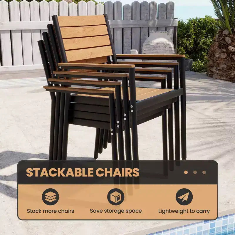 Crestlive Products 7pc Outdoor Dining set for 6 People Patio Rectangle Table Aluminum Frame with Wood-Like Tabletop and Umbrella Hole