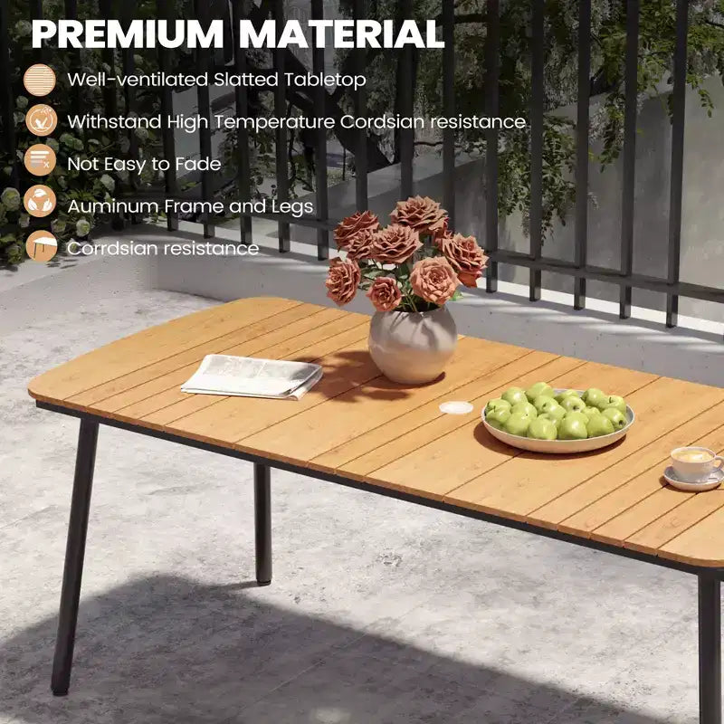 Crestlive Products 7pc Outdoor Dining set for 6 People Patio Rectangle Table Aluminum Frame with Wood-Like Tabletop and Umbrella Hole