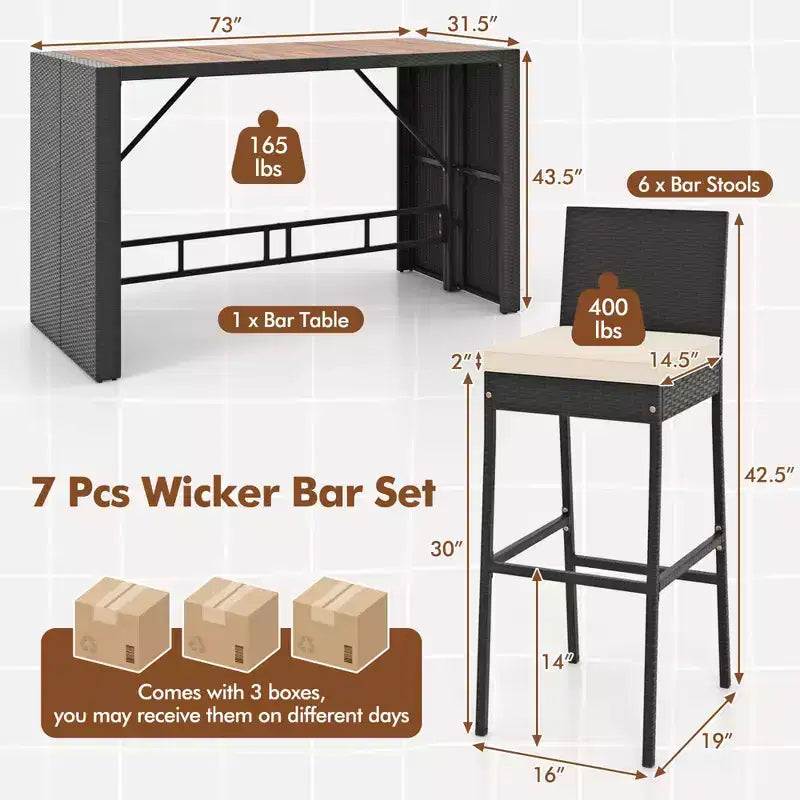 Costway 7 Pieces Patio Bar Set with Acacia Wood Tabletop & Removable Cushions Outdoor
