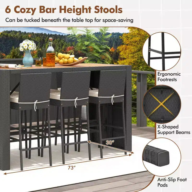 Costway 7 Pieces Patio Bar Set with Acacia Wood Tabletop & Removable Cushions Outdoor