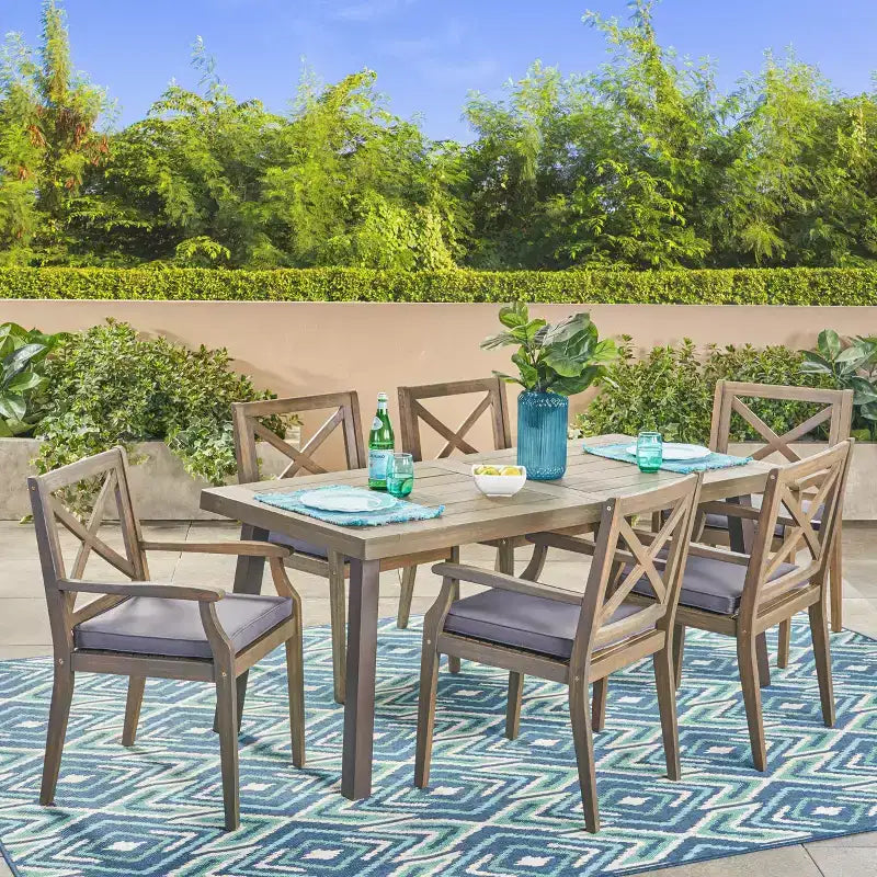 Ensemble de salle à manger d'extérieur 7 pièces en bois d'acacia Christopher Knight Home Safire avec coussins