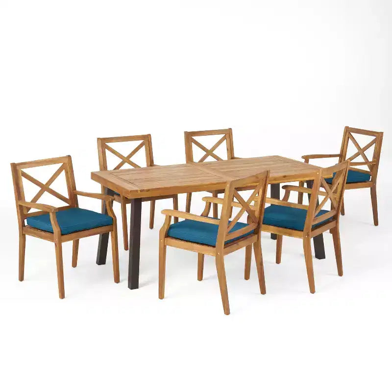 Ensemble de salle à manger d'extérieur 7 pièces en bois d'acacia Christopher Knight Home Safire avec coussins