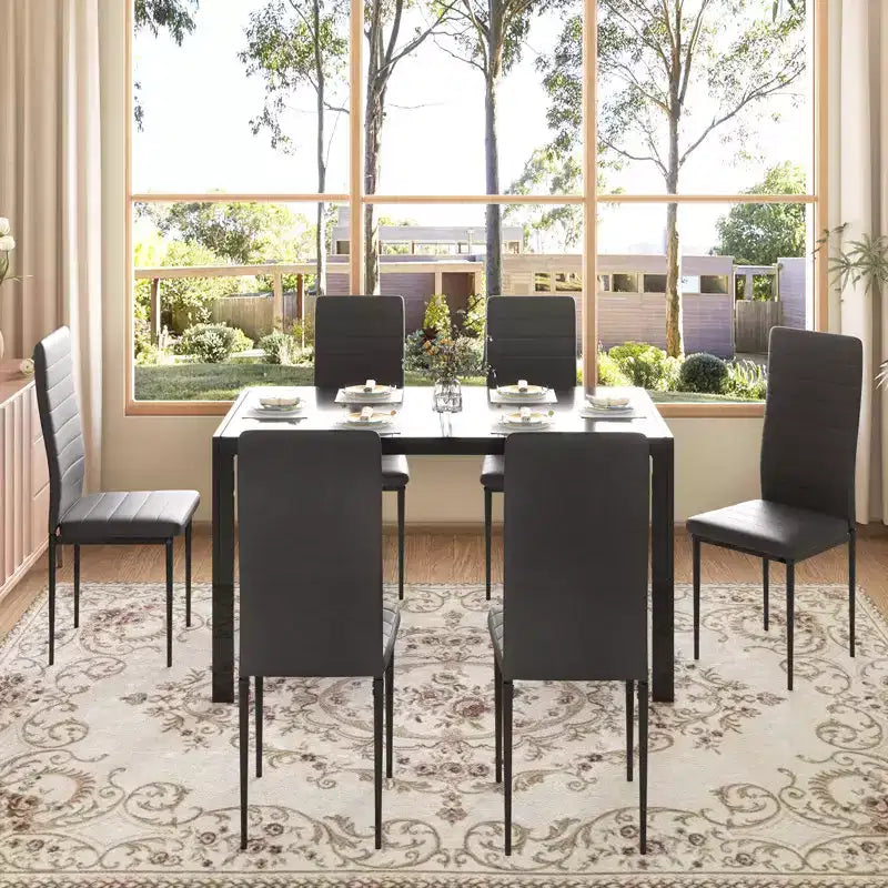 EROMMY Ebern Designs 7-piece Glass Top Dining Table Set, Kitchen Table And 6 Luxury Faux Leather Chairs,Black