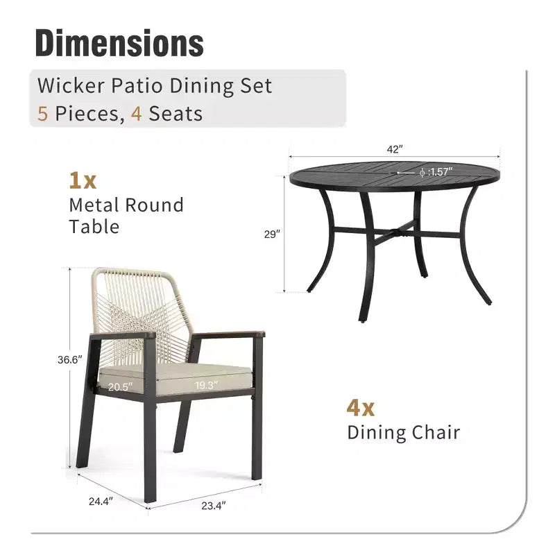 Captiva Designs 5pc Patio Slat-top Round Steel Dining Table & Beige Rattan Chairs with Thick Cushions
