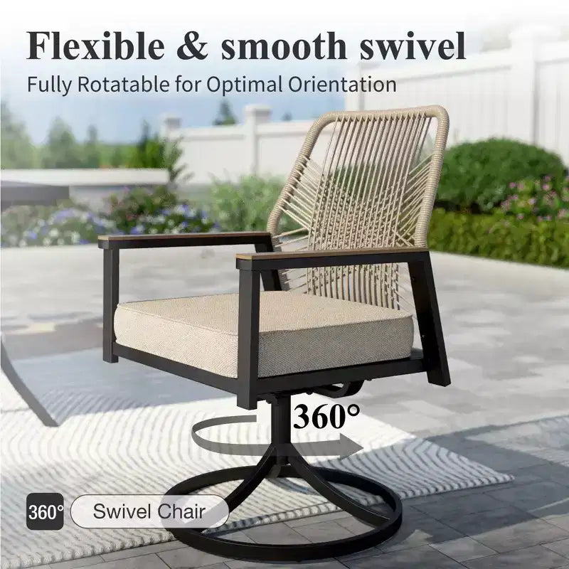 Captiva Designs 5pc Patio Slat-top Round Steel Dining Table & Beige Rattan Chairs with Thick Cushions