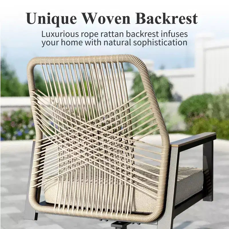 Captiva Designs 5pc Patio Slat-top Round Steel Dining Table & Beige Rattan Chairs with Thick Cushions
