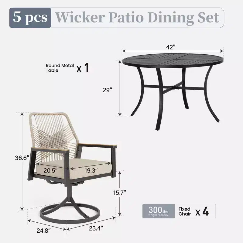 Captiva Designs 5pc Patio Slat-top Round Steel Dining Table & Beige Rattan Chairs with Thick Cushions