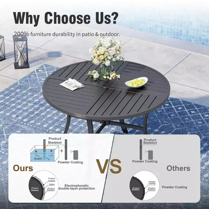Captiva Designs 5pc Patio Slat-top Round Steel Dining Table & Beige Rattan Chairs with Thick Cushions