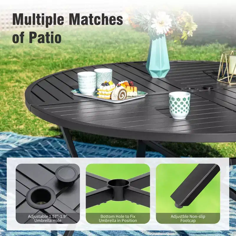 Captiva Designs 5pc Patio Slat-top Round Steel Dining Table & Beige Rattan Chairs with Thick Cushions