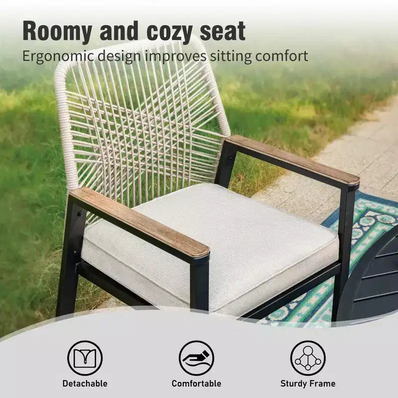 Captiva Designs 5pc Patio Slat-top Round Steel Dining Table & Beige Rattan Chairs with Thick Cushions